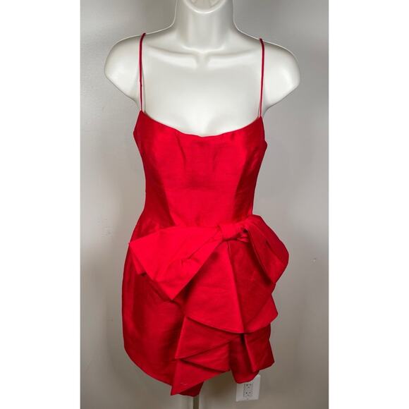 RASARIO Bow Embellished Draped Ruffle Silk Red Mini Dress Size 4 - Picture 3 of 10